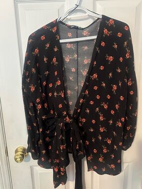 Zara wrap floral Blouse with Red Rose Print
